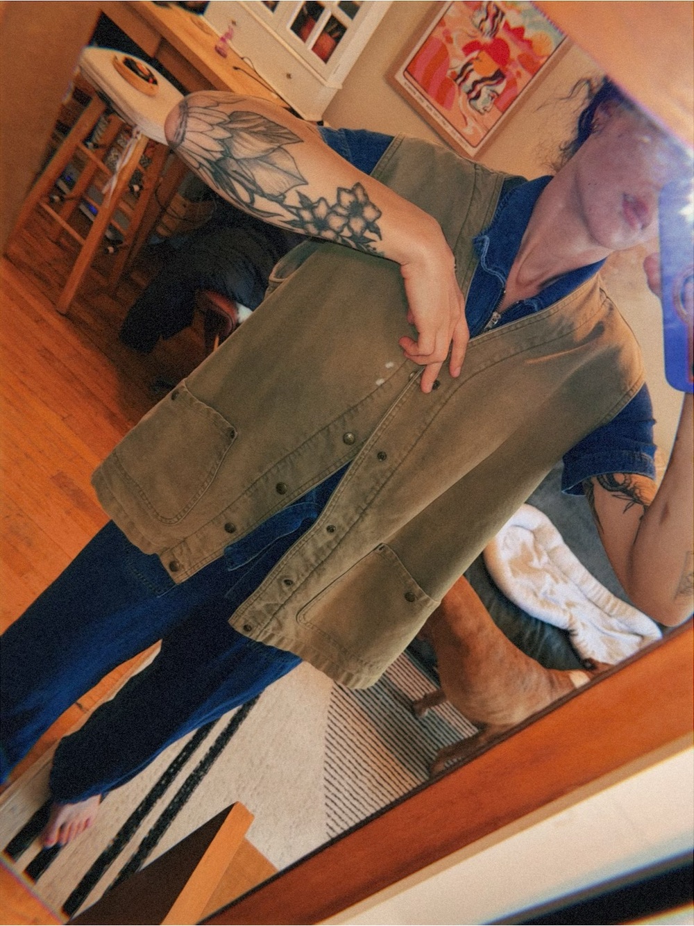 90s LL Bean sherpa-lined snap-front canvas utility vest in Sage.  Tall Large